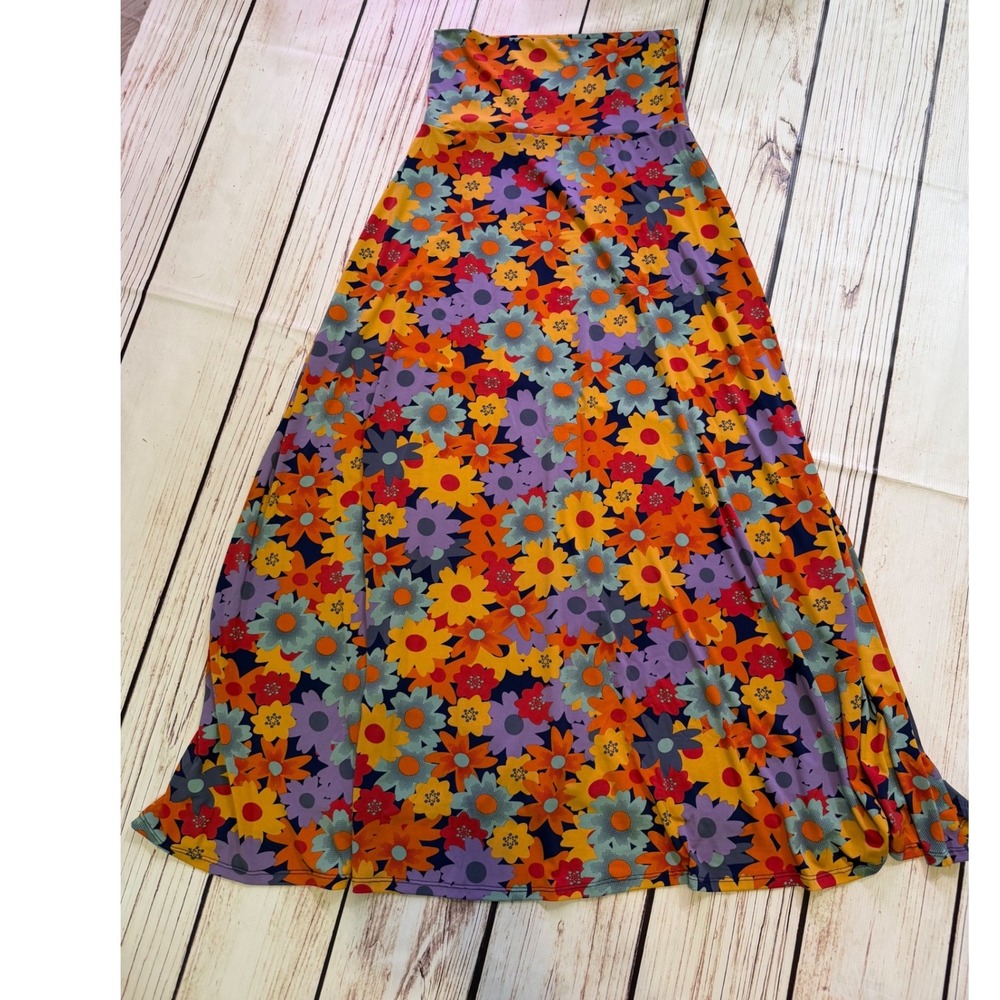 LuLaRoe Lola Maxi Skirt XS Orange Purple Retro Floral Boho High Waist Flowy